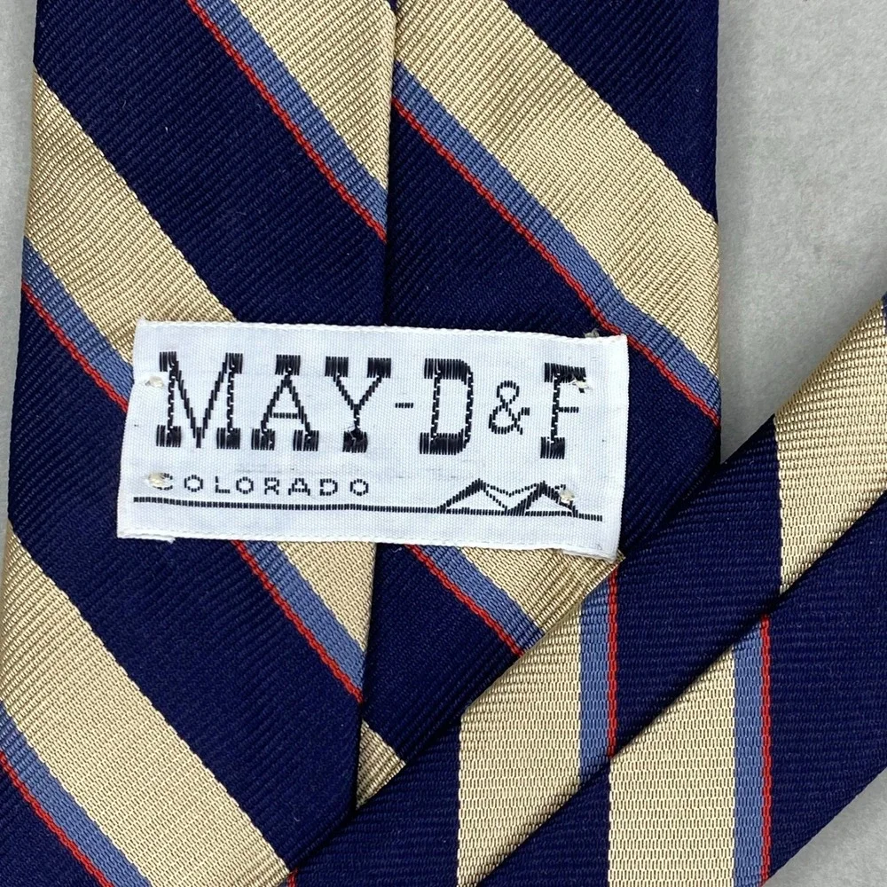 VTG May‎ D&F Striped Repp Tie Mens Silk Navy Cream Red Regimental Preppy 56x3.5